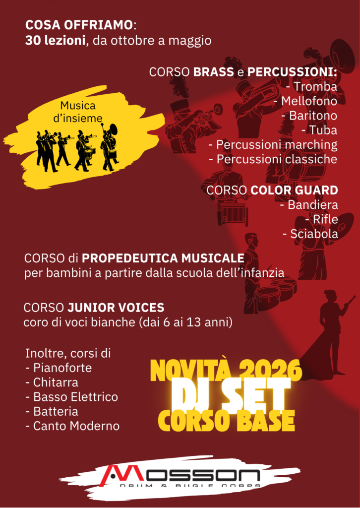Volantino Scuola Musica Mosson 2026-2027 Retro Corsi Ottoni Percussioni Propedeutica DJ Set